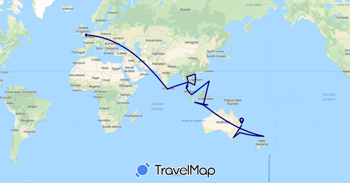 TravelMap itinerary: driving in Australia, United Kingdom, Indonesia, Laos, Sri Lanka, Malaysia, New Zealand, Philippines, Singapore, Thailand, Vietnam (Asia, Europe, Oceania)